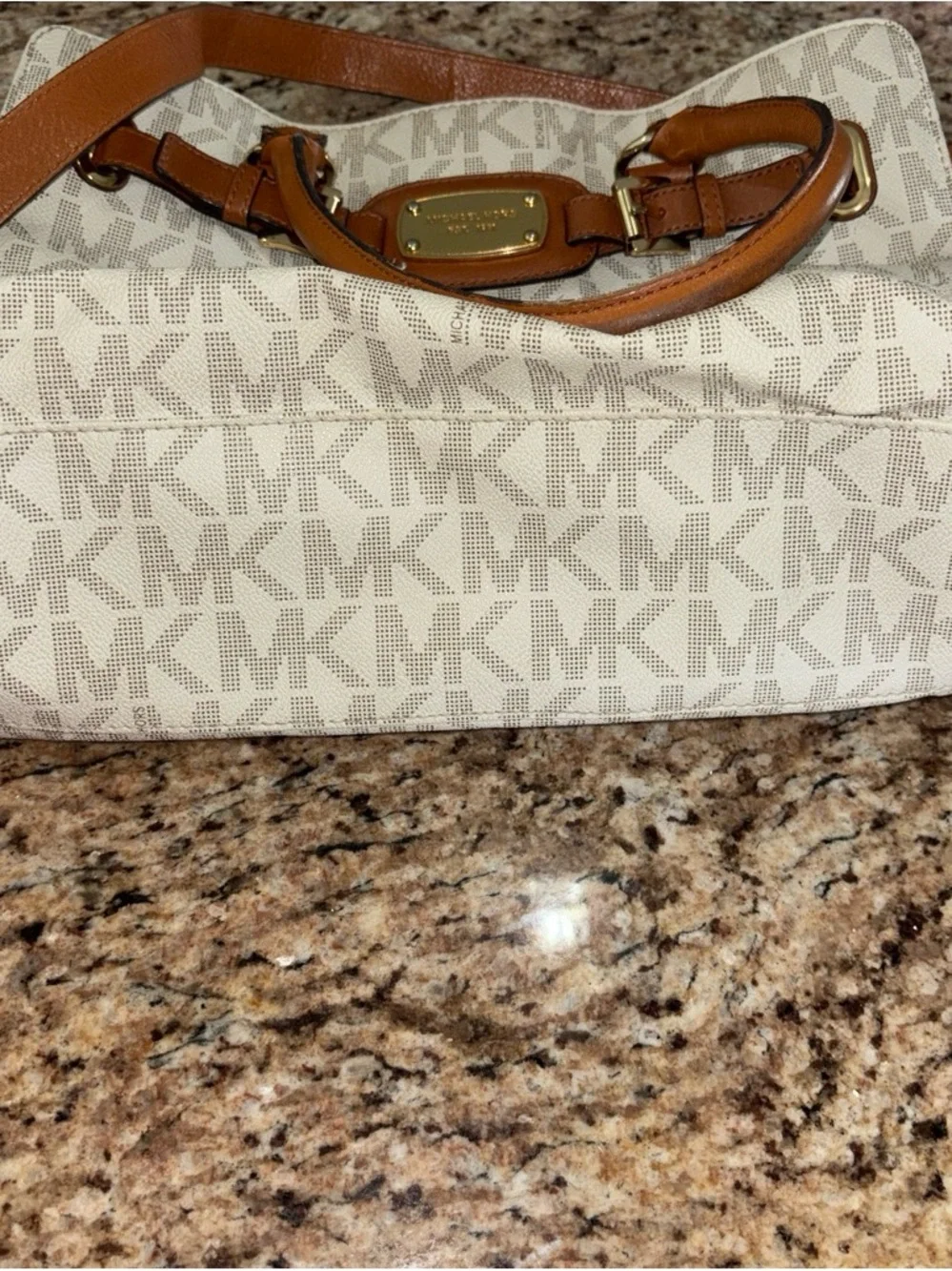 Michael Kors Cream Signature Canvas Tote with Tan Leather Trim